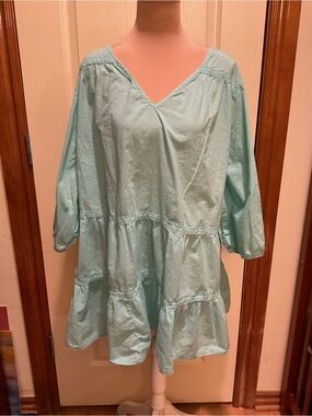 Woman Within Aqua Flowy Feminine Tiered Tunic 3X 30/32 Cool 100% Cotton